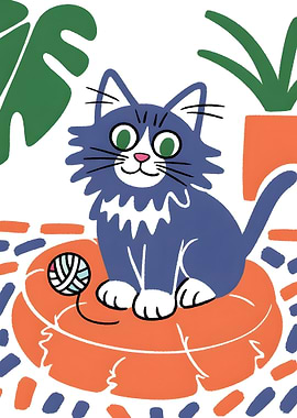 Cartoon Cat with Yarn Ball