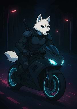 Wolf Rider on Motorcycle at Night