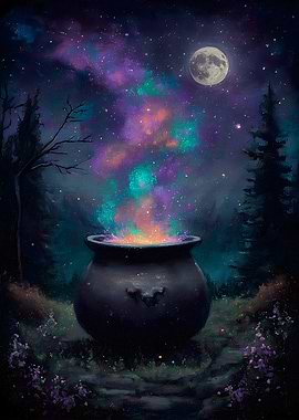 Magical Cauldron Under the Moonlight
