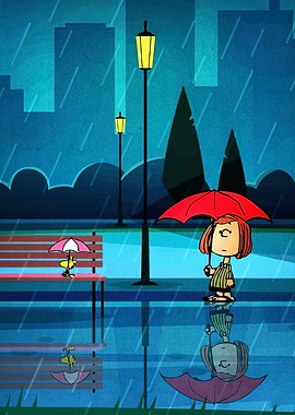 Peanuts characters in the rain