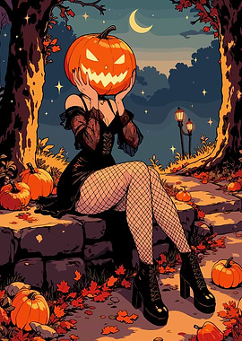 Pumpkin-headed woman in a Halloween setting