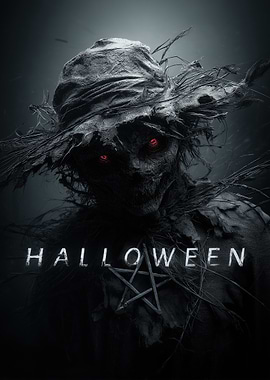 Creepy Halloween Scarecrow with Red Eyes