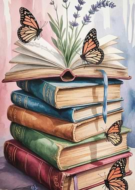 Stack Books Butterflies Lavender