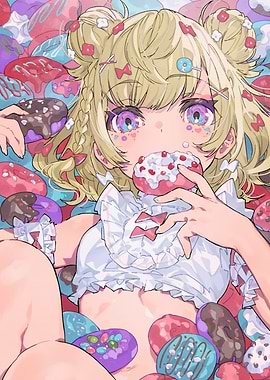 Anime Girl Surrounded by Donuts