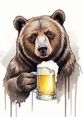 Bear with Beer Watercolor Illustration