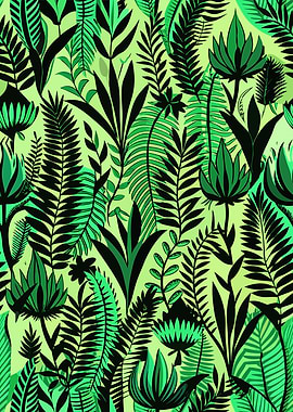 Green and Black Tropical Leaf Pattern