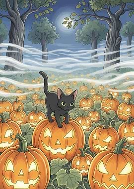 Black Cat on Pumpkin Patch