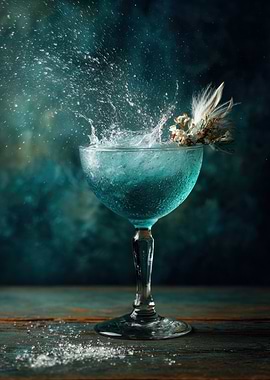 Blue Cocktail Splash with Floral Garnish