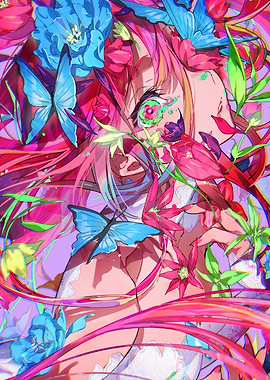 Anime Girl Surrounded by Flowers and Butterflies