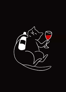 Cat with Wine Bottle and Glass