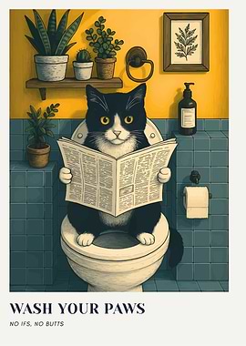 Cat reading newspaper on toilet