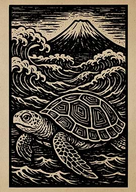 Turtle, Waves, and Mountain Woodcut Print