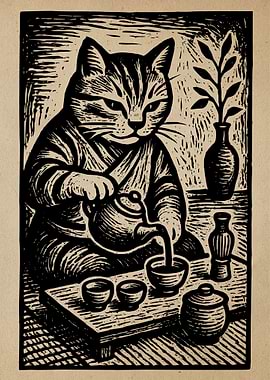 Cat pouring tea, woodcut style