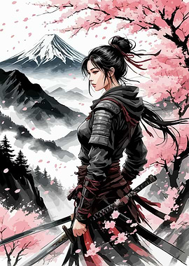 Female Samurai with Cherry Blossoms