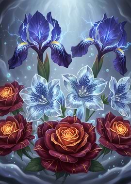 Floral Fantasy: Irises, Lilies, and Roses