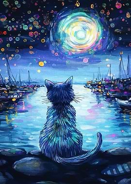 Cat gazing at the moonlit harbor