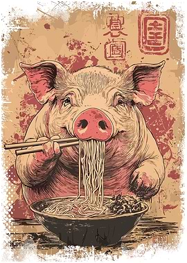 Pig Eating Noodles with Chopsticks Art