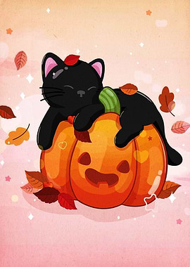 Black Cat Sleeping on Pumpkin Illustration