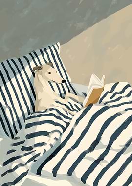 Dog reading in bed illustration