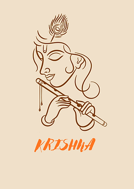 Krishna Illustration with Flute and Peacock Feather