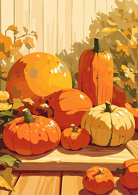 Autumn Harvest: Pumpkins on Wooden Surface