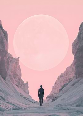 Solitary Figure Under a Giant Moon