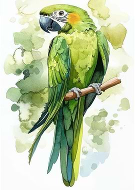 Green Parrot Watercolor Illustration