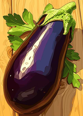 Eggplant with Parsley on Wooden Background