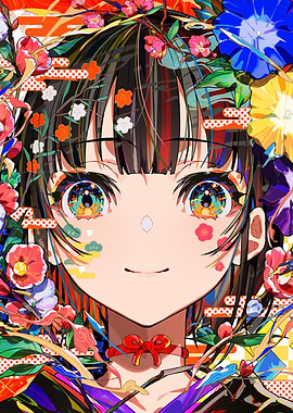 Anime Girl Portrait with Floral Frame