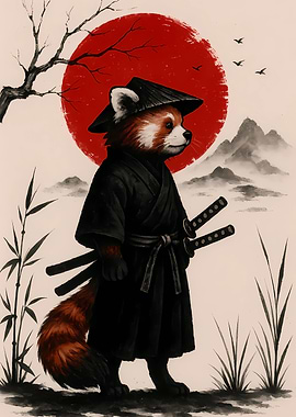 Red Panda Samurai with Red Sun