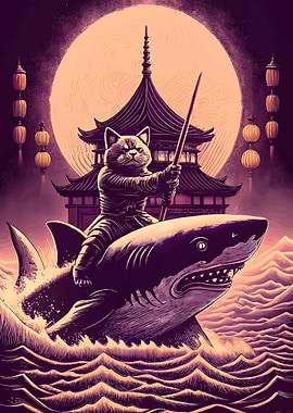 Cat Samurai Riding Shark Illustration