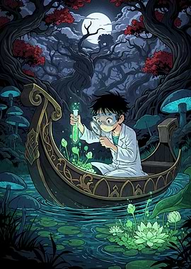 Boy Scientist Magical Forest Boat