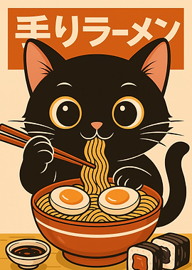 Cat Eating Ramen Illustration