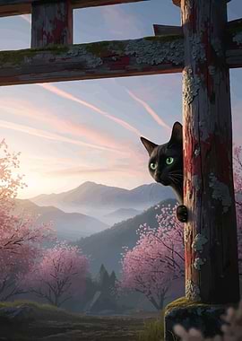 Black cat peeking through Torii gate