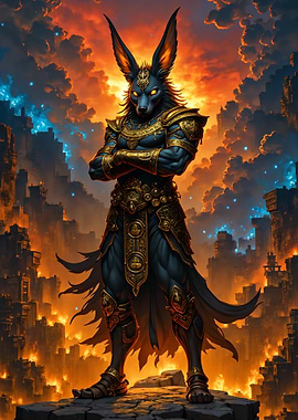 Anubis-like figure in fantasy cityscape