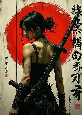 Female Warrior with Katana and Red Sun