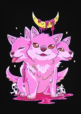 Pink Three-Headed Dog with Moon