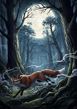 Fox Running Moonlight Forest