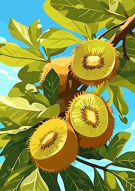Kiwi Fruit Illustration on a Branch