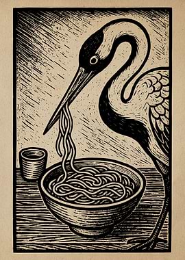 Crane Eating Noodles Woodcut Print