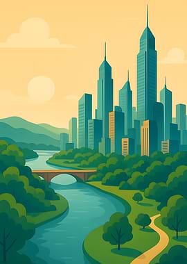 Cityscape with River and Greenery