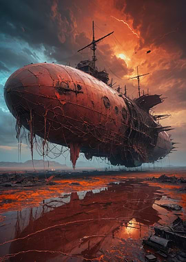 Derelict Skyship Over a Dystopian Wasteland