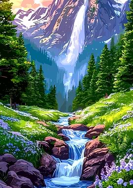 Mountain Waterfall Landscape with Stream