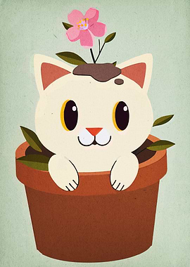 Cute Cat in Flower Pot Illustration