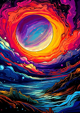 Colorful Abstract Landscape with Celestial Body