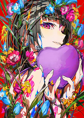 Anime Girl with Heart and Flowers