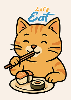 Cute Cat Eating Sushi Illustration