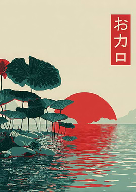 Japanese Landscape with Lotus and Sun