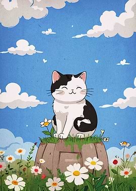 Happy Cat in a Flower Field