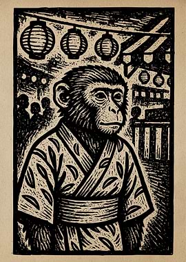 Monkey in Kimono Woodcut Print